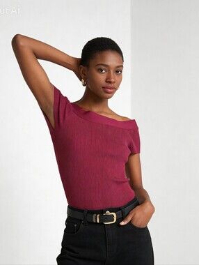 INC Women's Ribbed Top Off Shoulder Red Shirt Sleeve Sweater Knit SMALL